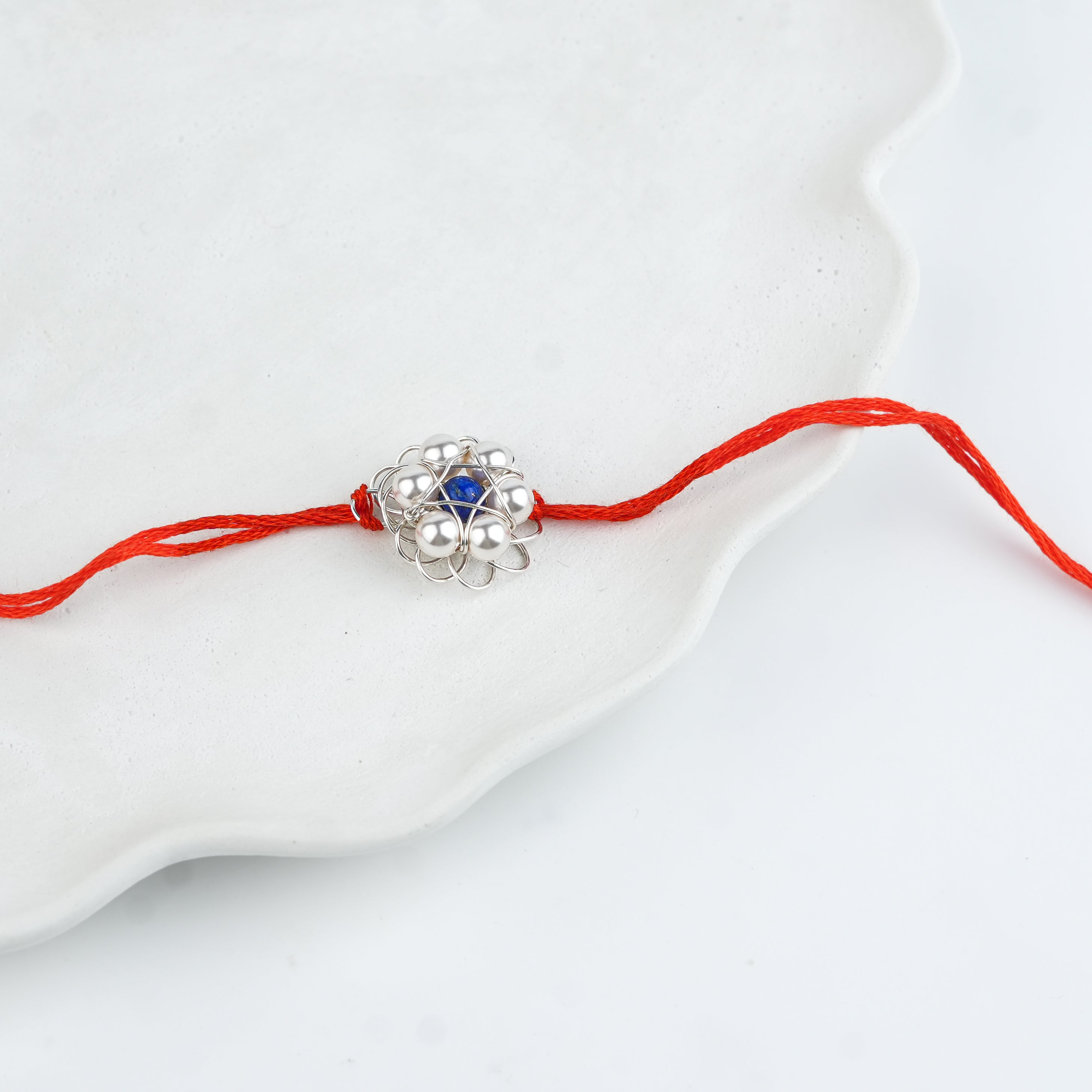 Wire-Wrapped Lapis Lazuli & Pearl Flower Handmade Silver Rakhi