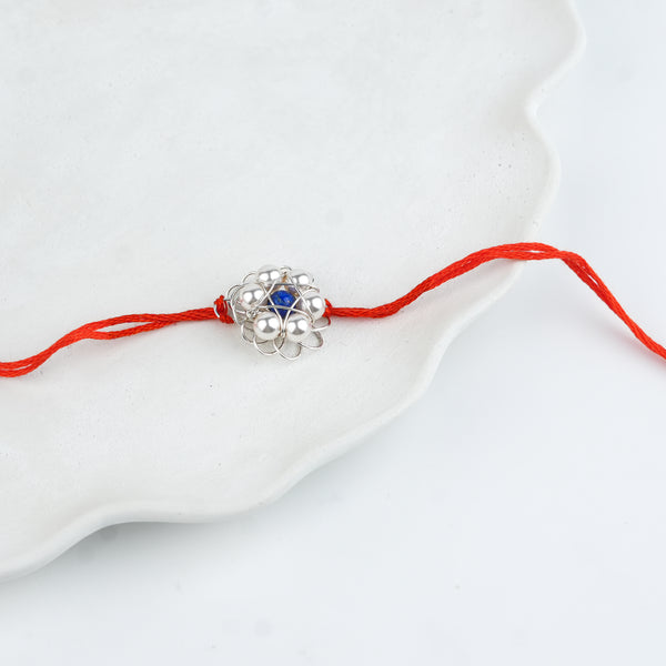 Wire-Wrapped Lapis Lazuli & Pearl Flower Handmade Silver Rakhi
