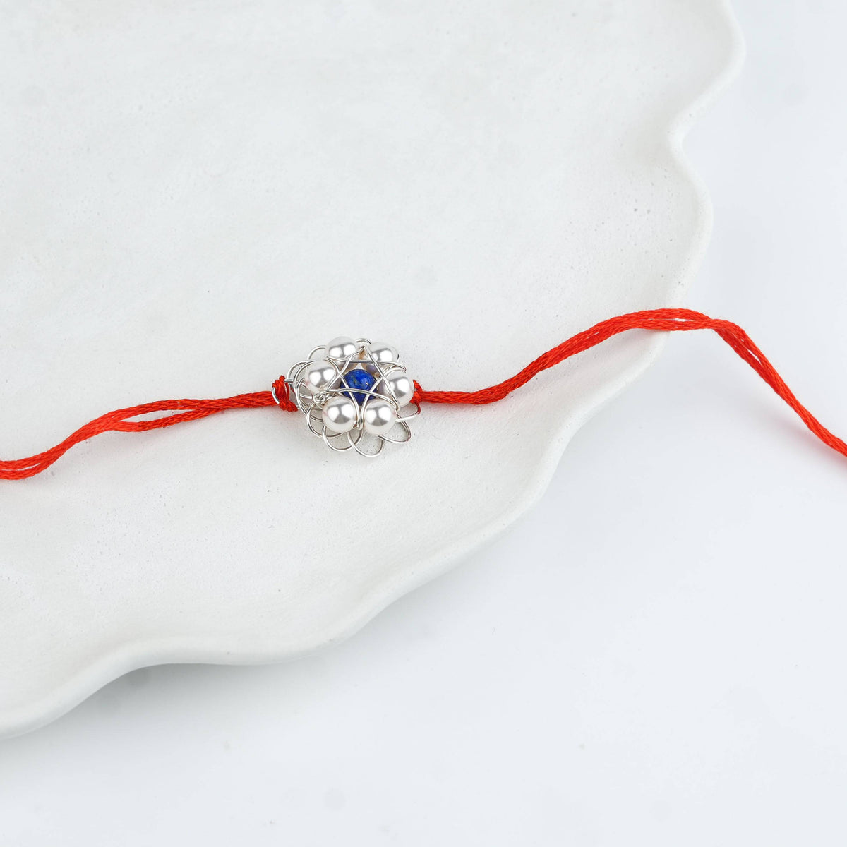 Wire-Wrapped Lapis Lazuli & Pearl Flower Handmade Silver Rakhi