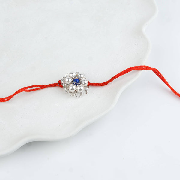 Wire-Wrapped Lapis Lazuli & Pearl Flower Handmade Silver Rakhi