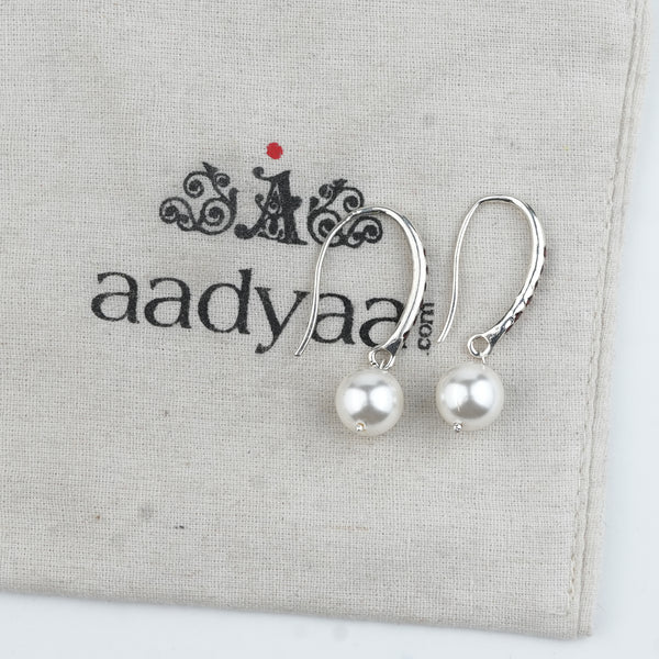 Silver Dangle Pearl Earrings with Red CZ Stones