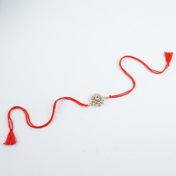 CZ Drop, Golden & White Pearl Handmade Silver Rakhi