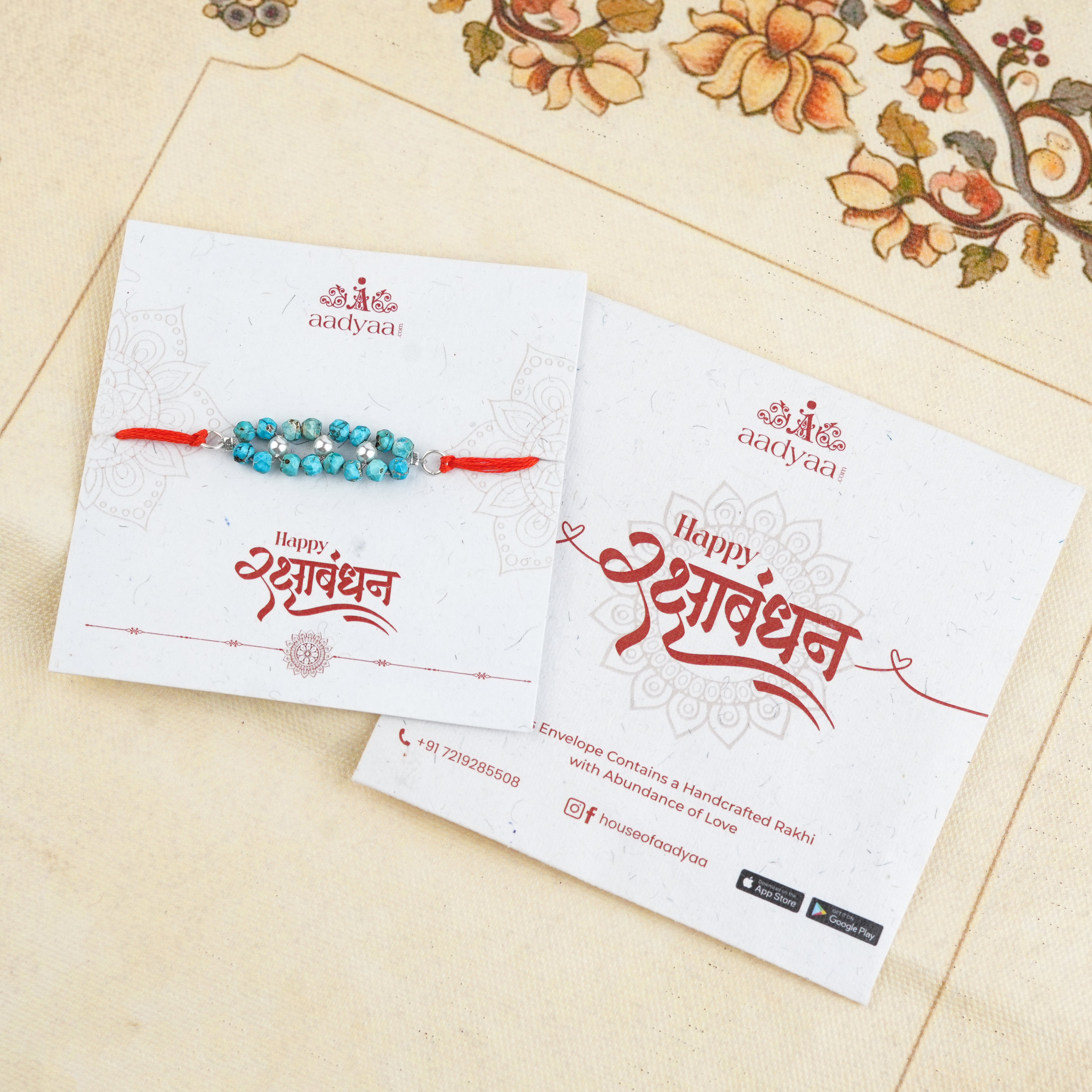 Turquoise & Pearl Handmade Silver Rakhi