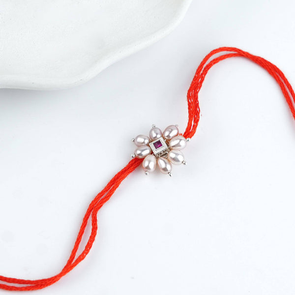 Pink Square & Pearl Handmade Silver Rakhi