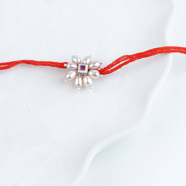 Pink Square & Pearl Handmade Silver Rakhi