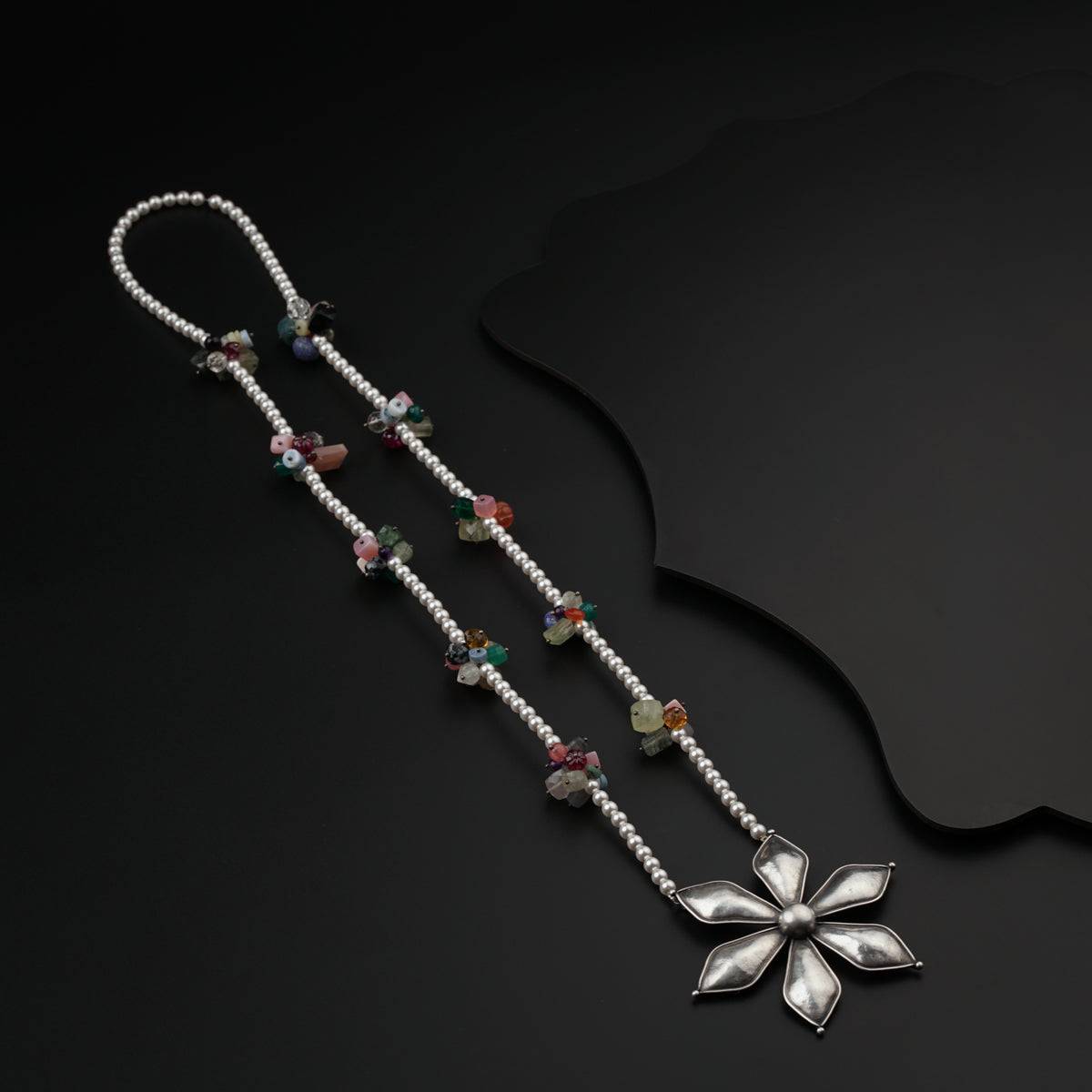 Flower Pendant Necklace with Pearls & Semi Precious Stones