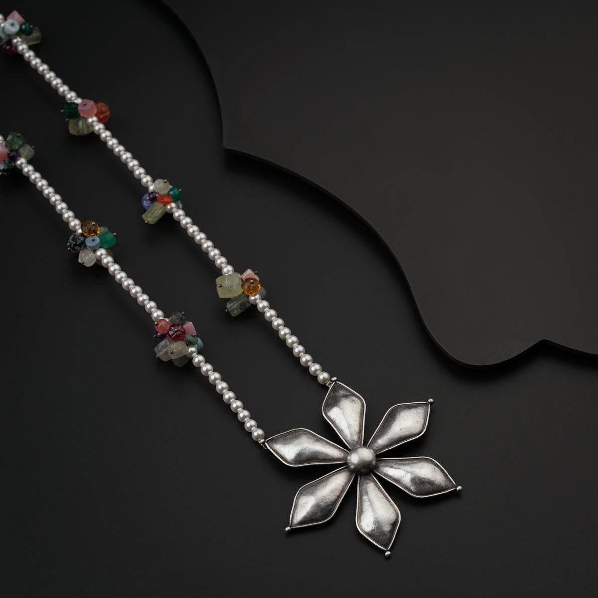 Flower Pendant Necklace with Pearls & Semi Precious Stones
