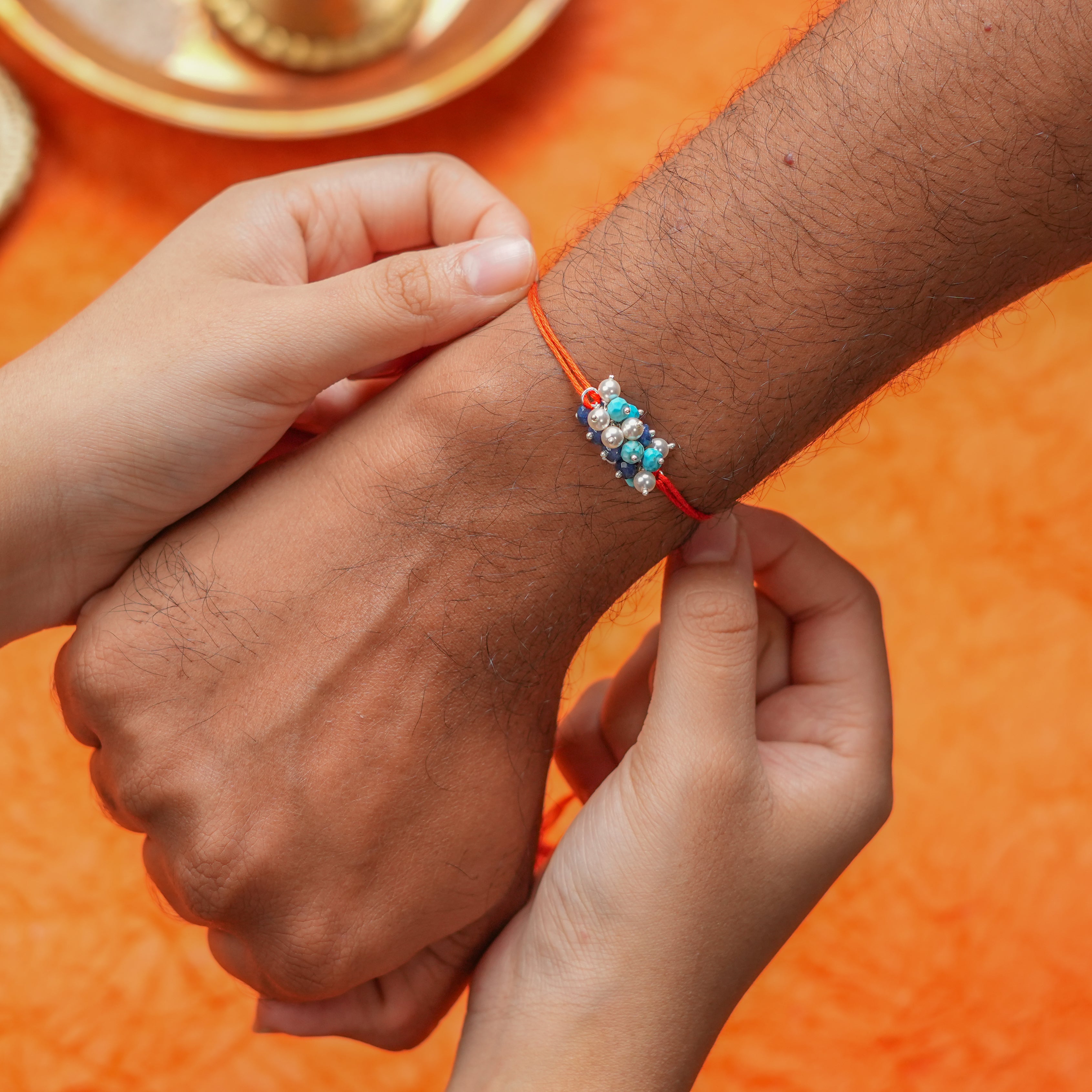 Turquoise, Blue Jade & Pearl Handmade Silver Rakhi