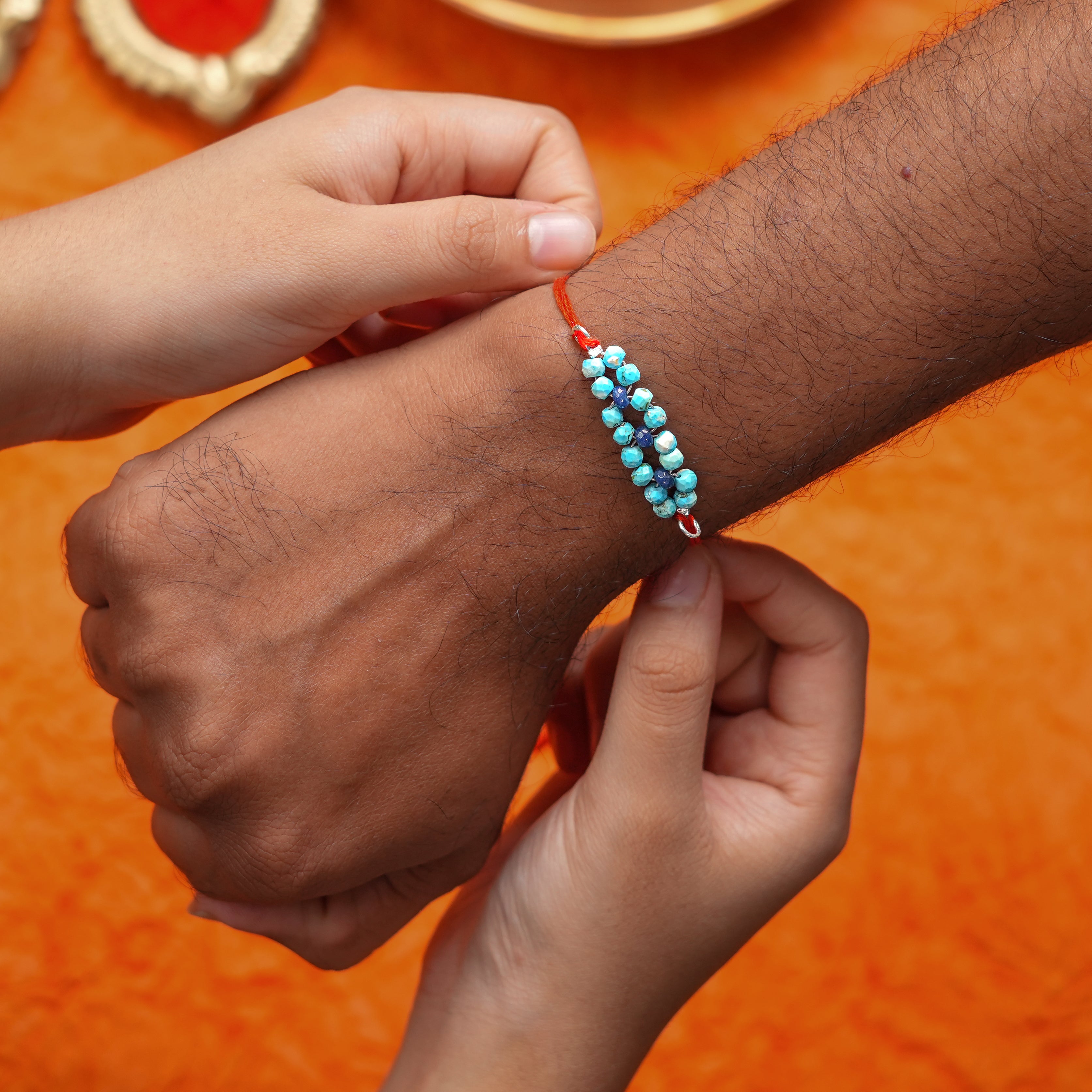 Turquoise & Blue Jade Handmade Silver Rakhi