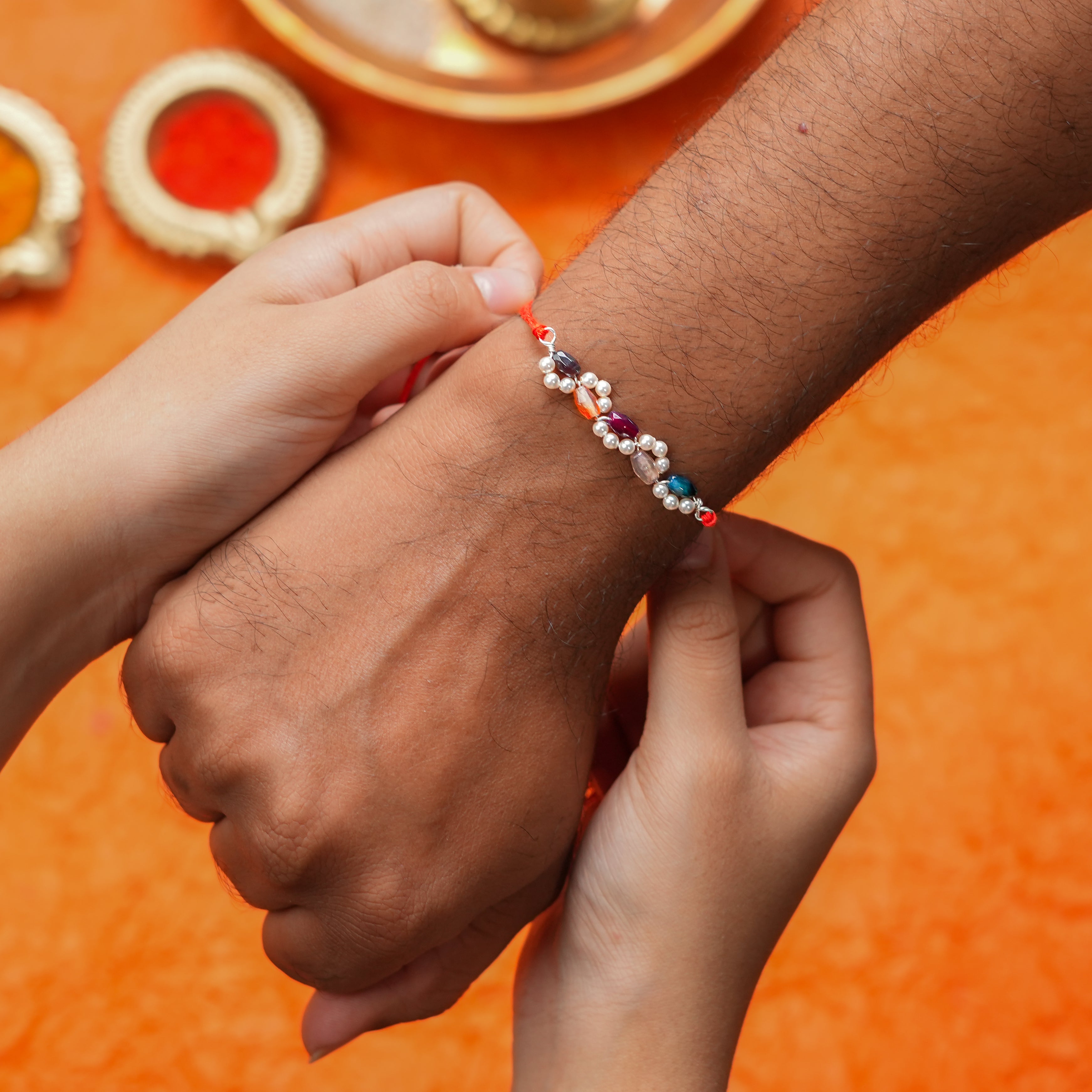 Multicolour Agate & Pearl Handmade Silver Rakhi