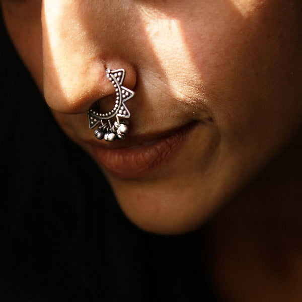 Sterling silver traditional nose pin with ghungroo accents
