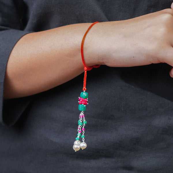 Green Onyx, Rubies & Pearl Handmade Silver Lumba Rakhi