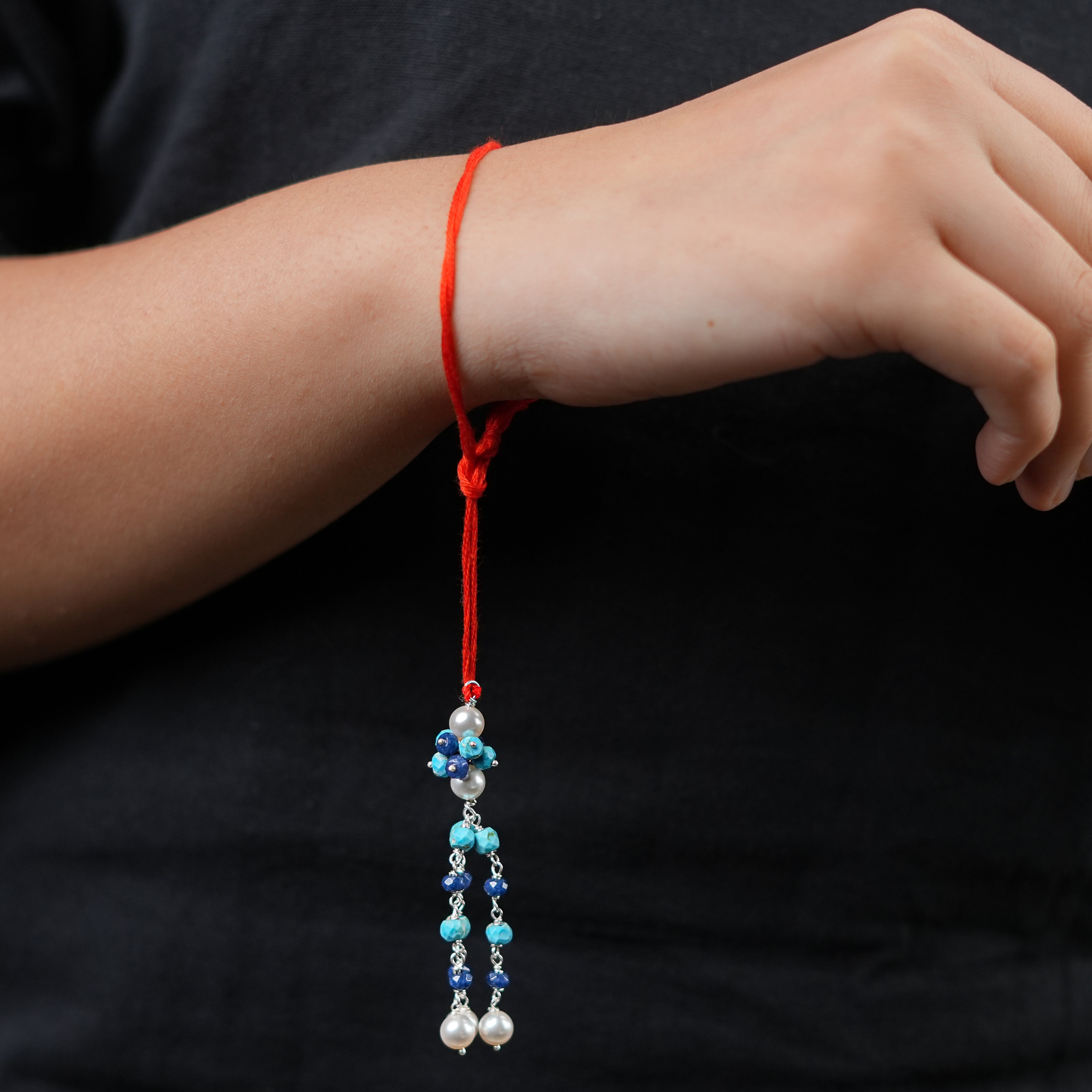 Turquoise, Blue Jade & Pearl Handmade Silver Lumba Rakhi