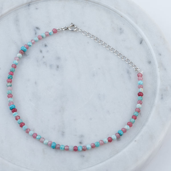 Pink Jade, Firoza & Turquoise Silver Anklet (Project Handmade)