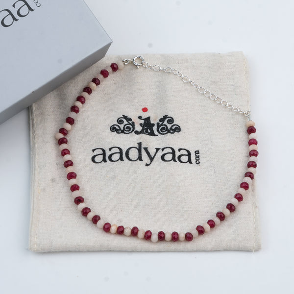 Red & White Jade Silver Anklet (Project Handmade)