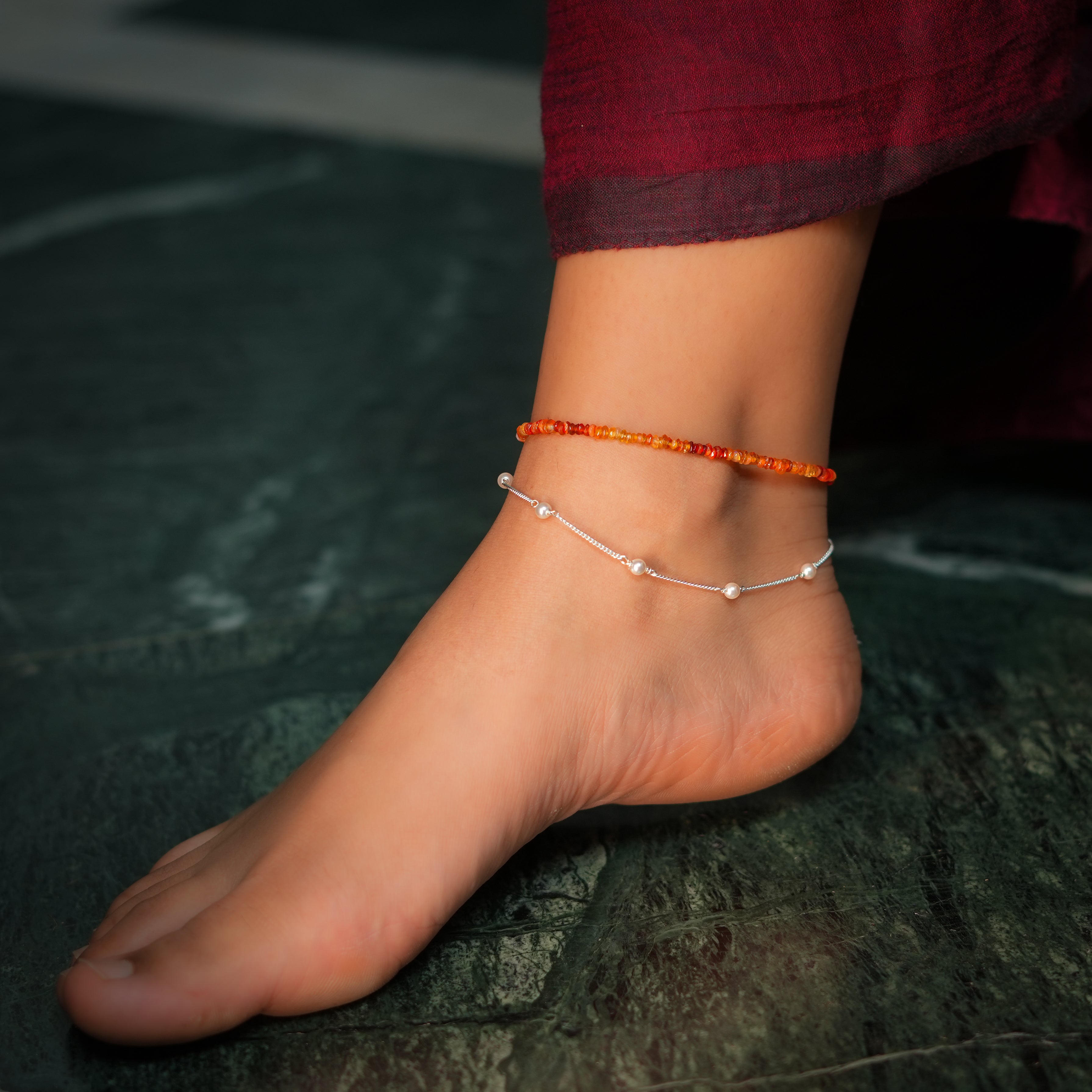 Carnelian & Pearl Chain Anklet (Project Handmade)