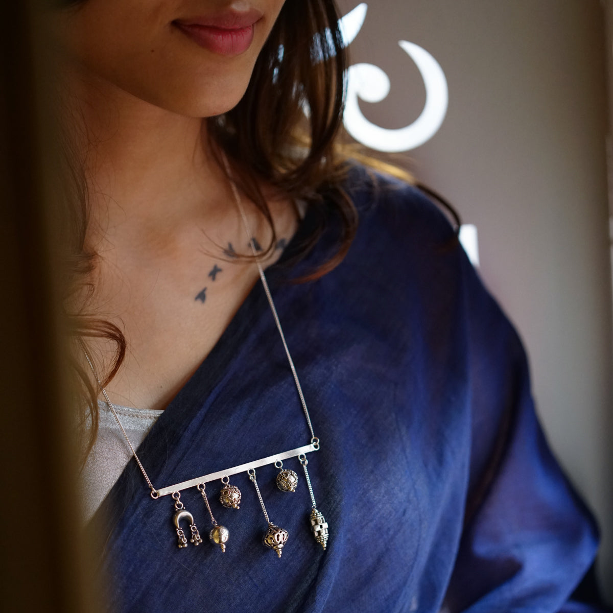 Celestial Orbs Silver Line Necklace