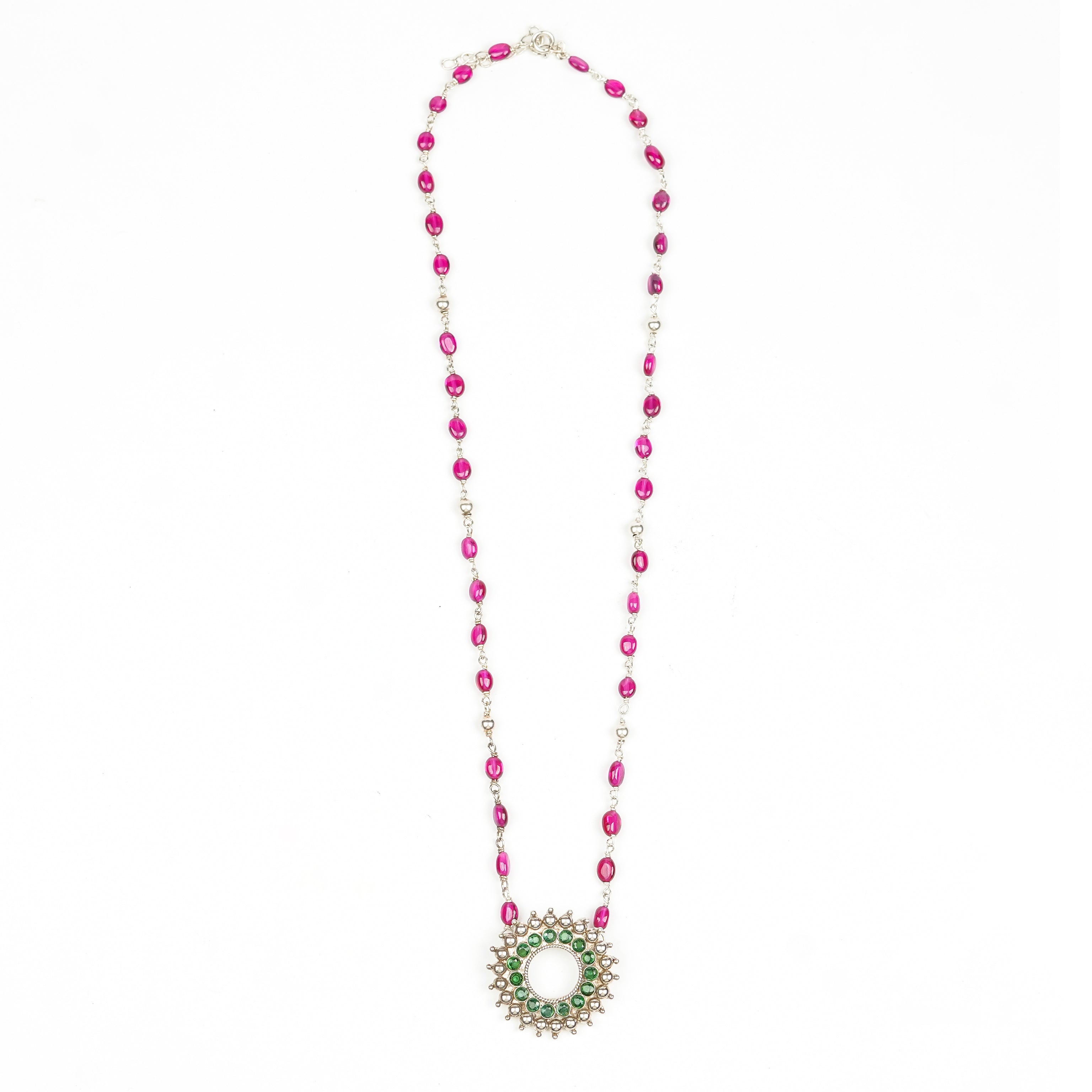 Silver Karwar Motif Pendant & Ruby Ganthan Necklace