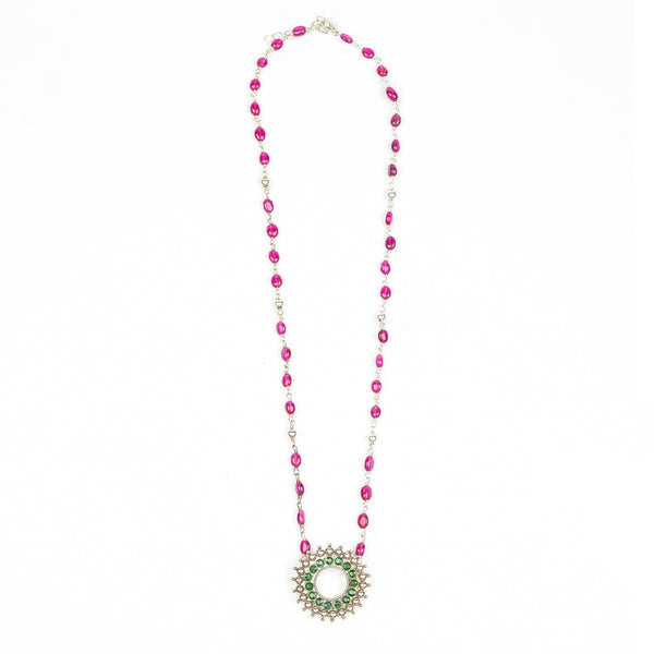 Silver Karwar Motif Pendant & Ruby Ganthan Necklace