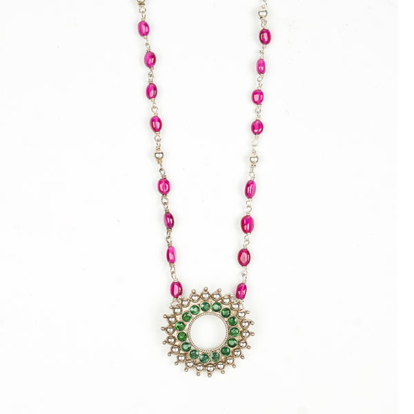 Silver Karwar Motif Pendant & Ruby Ganthan Necklace