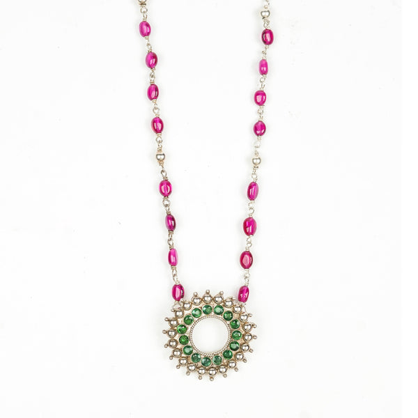 Silver Karwar Motif Pendant & Ruby Ganthan Necklace