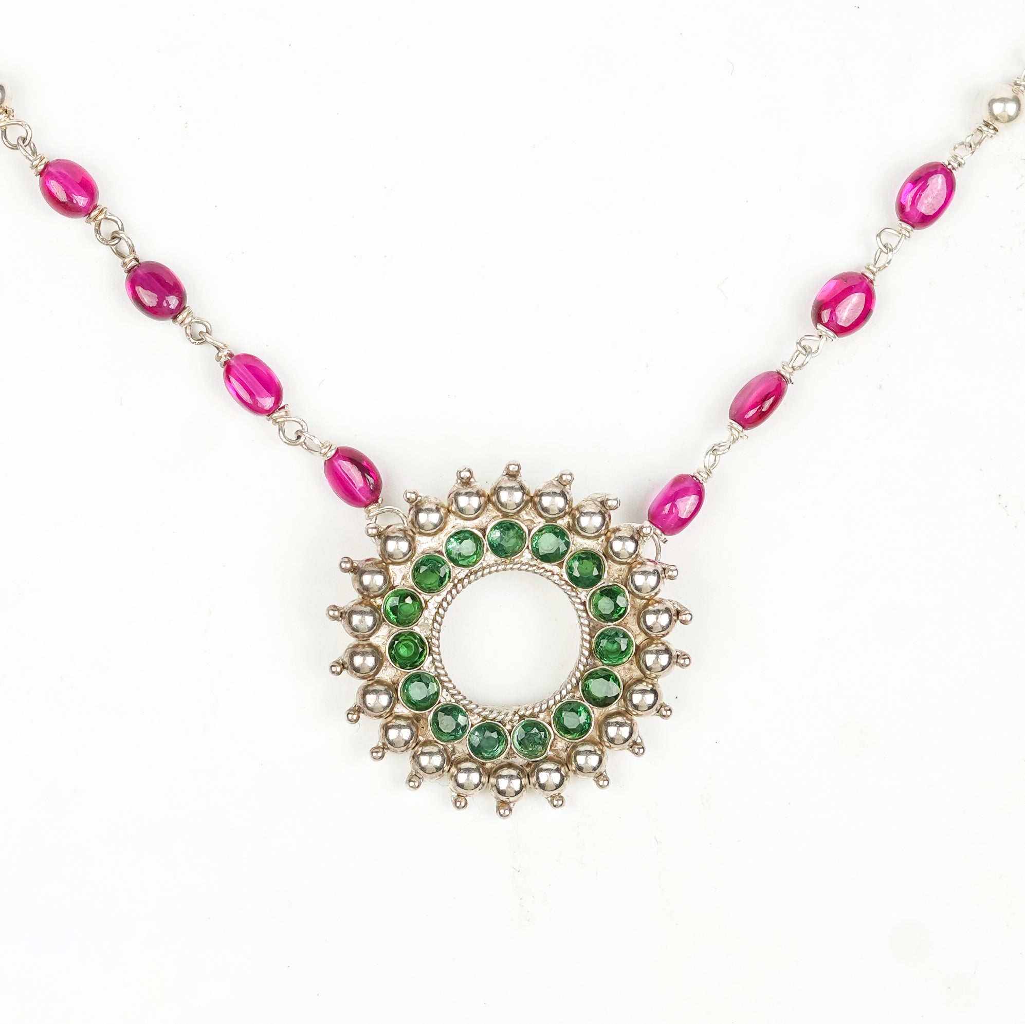 Silver Karwar Motif Pendant & Ruby Ganthan Necklace