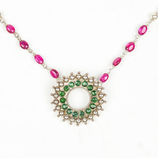 Silver Karwar Motif Pendant & Ruby Ganthan Necklace