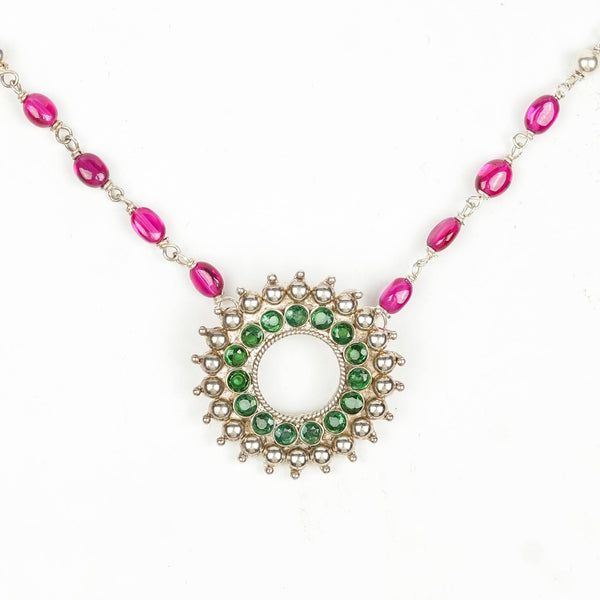 Silver Karwar Motif Pendant & Ruby Ganthan Necklace
