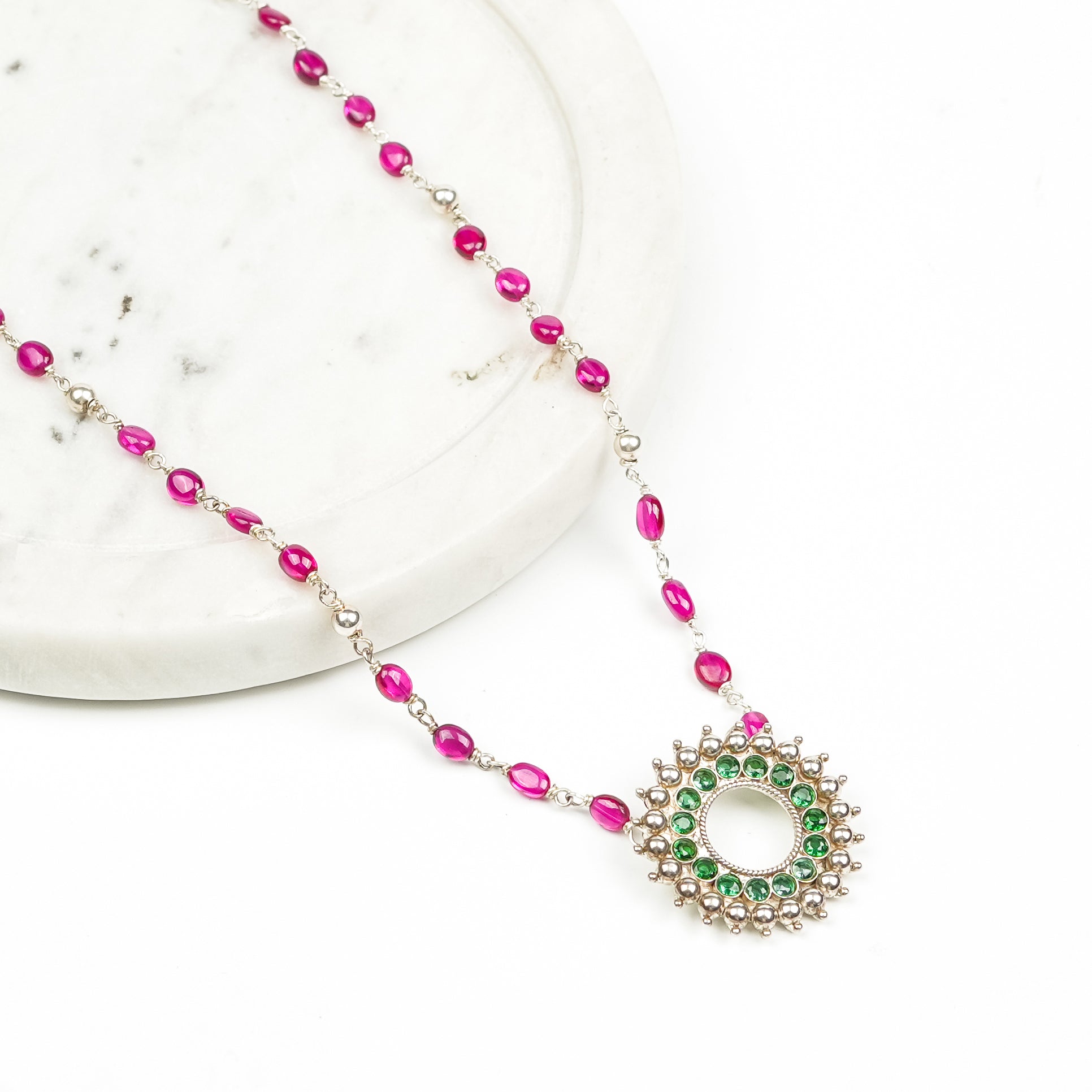 Silver Karwar Motif Pendant & Ruby Ganthan Necklace
