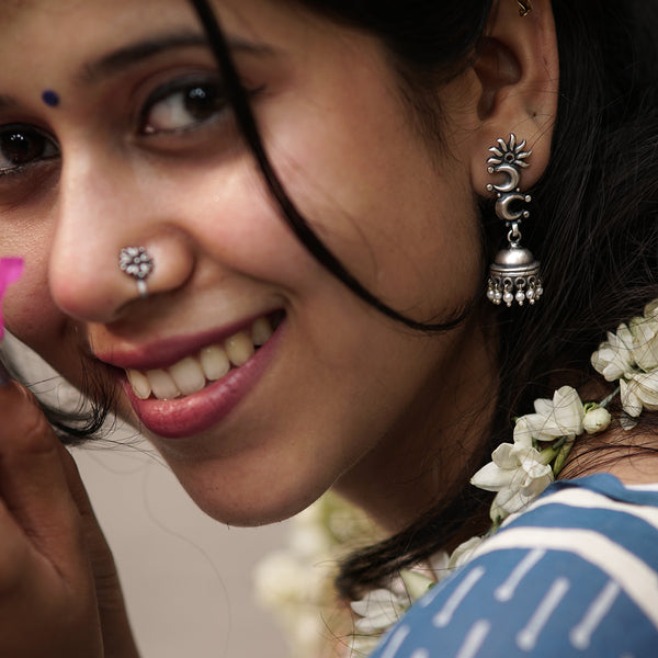 Mini Chaand Phool Jhumki - Small sized silver jhumka