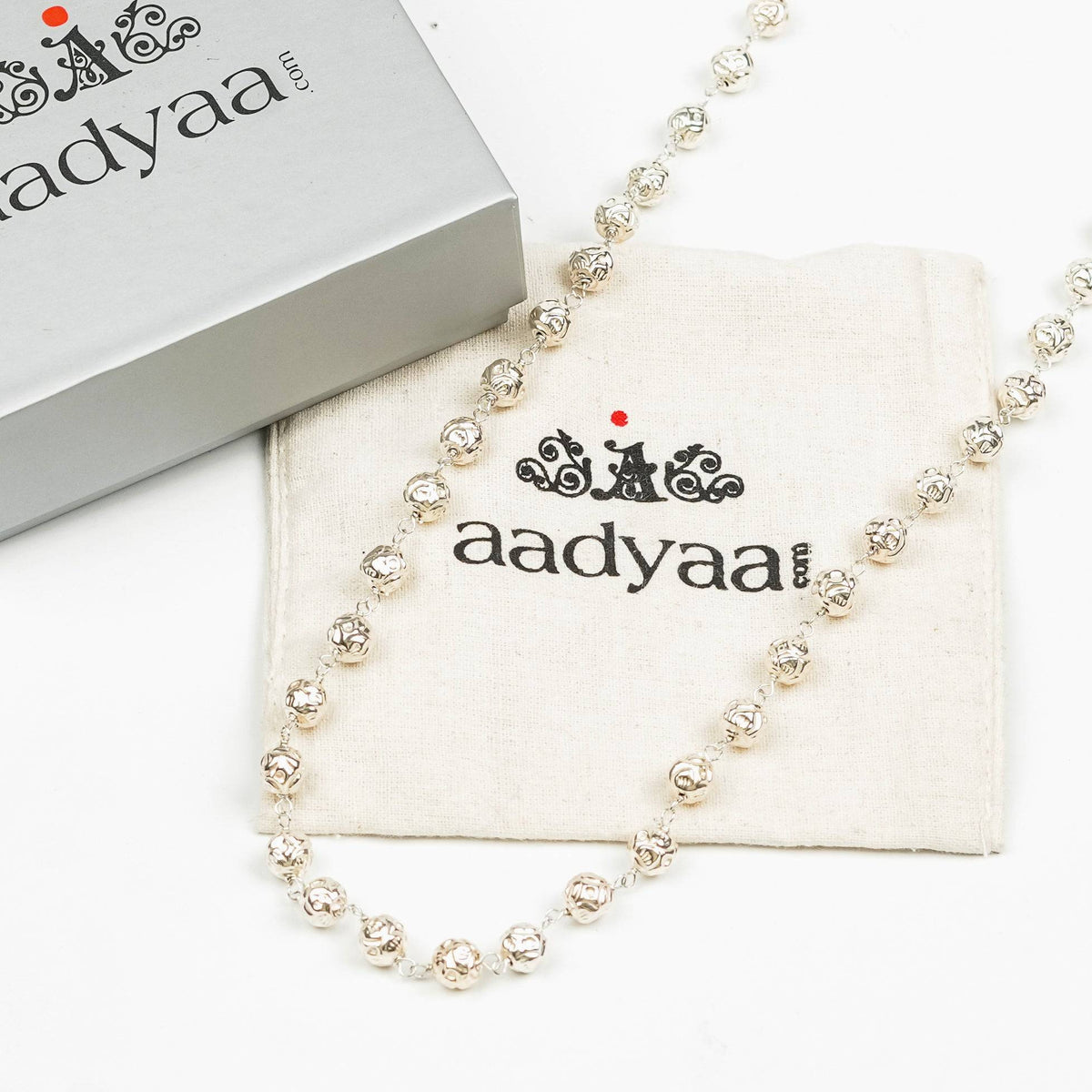 Detailed view of Silver Mohanmaal Ganthan Necklace highlighting intricate bead textures, traditional motifs, and refined silver finish