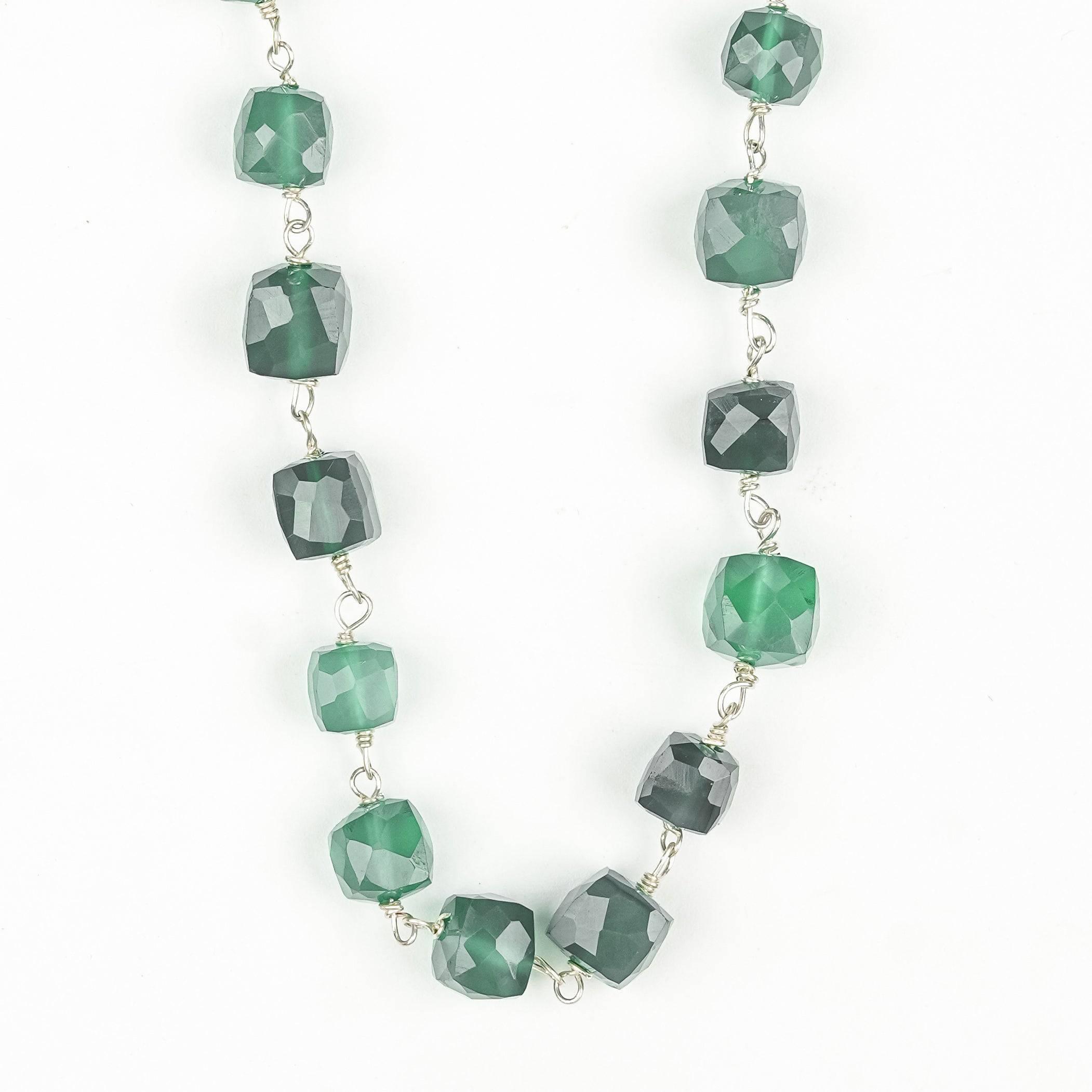 Close-up of Silver Green Onyx Ganthan Necklace showcasing polished green onyx, intricate ganthan work, and fine silver craftsmanship