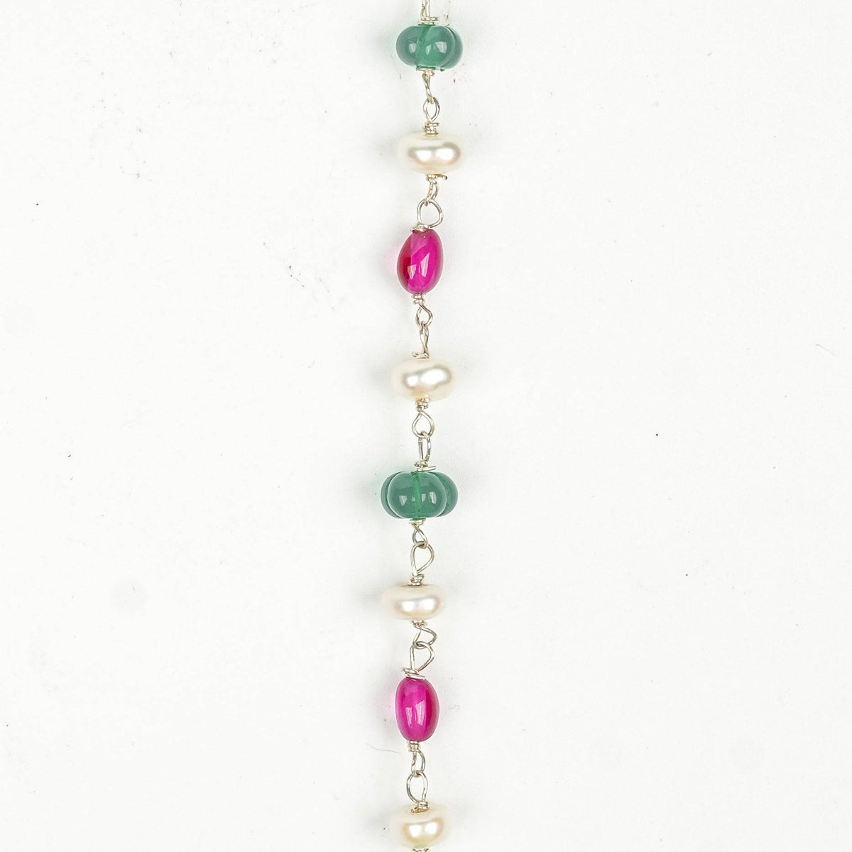 Close-up of Rubies, Green Onyx & Freshwater Pearl Ganthan Necklace showcasing ruby accents, polished green onyx, freshwater pearls, and fine craftsmanship