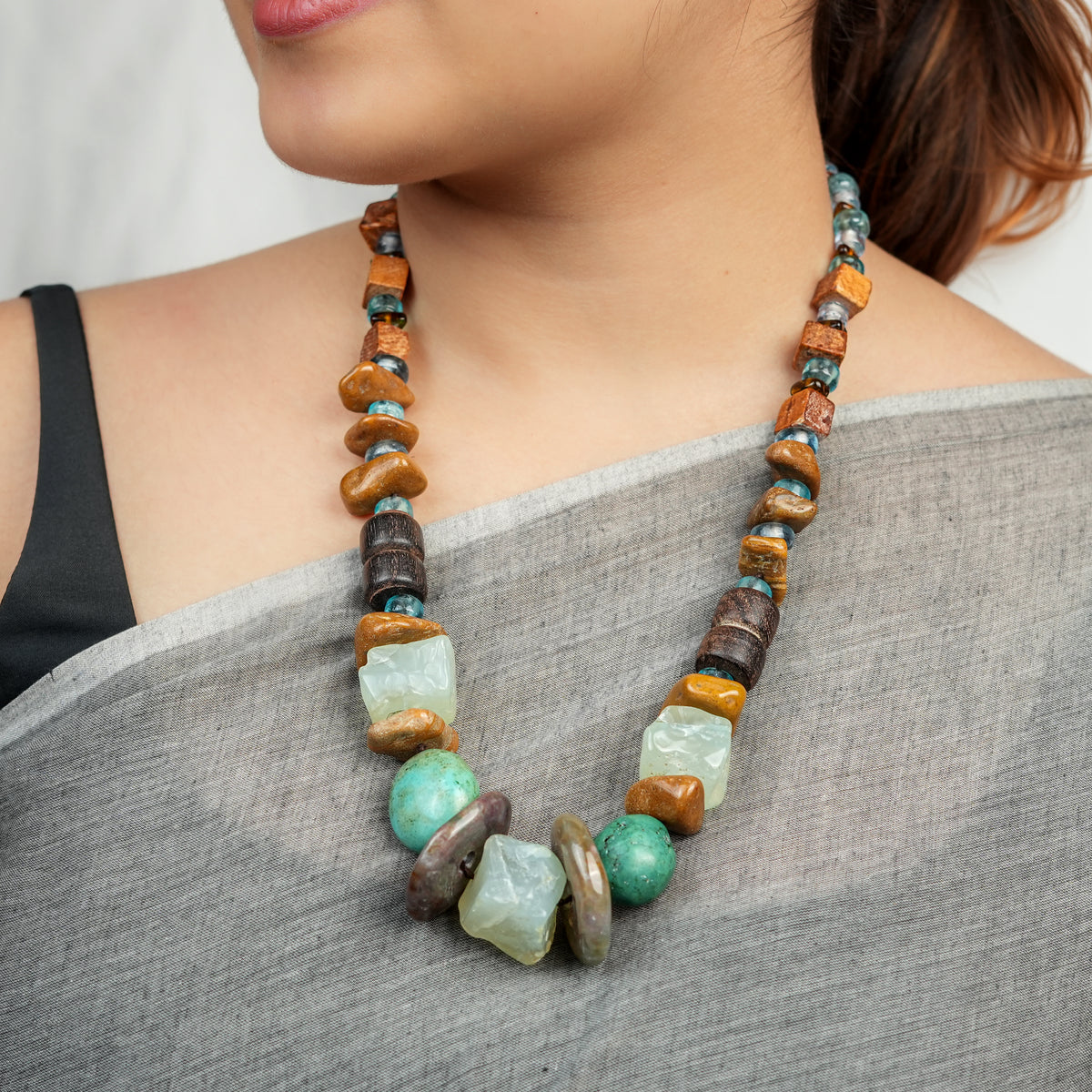 Necklace with Green Chalcedony, Camel Agate, Turquoise Wooden Beads & Glass Beads