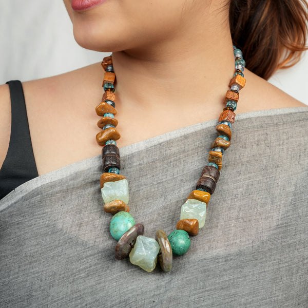Necklace with Green Chalcedony, Camel Agate, Turquoise Wooden Beads & Glass Beads