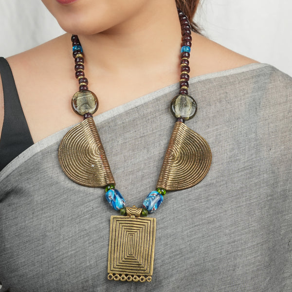 Necklace with Silver Foil Glass Bead, Ceramic Beads & Brass Pendant