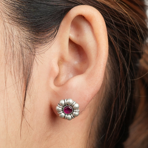 Oxidised Silver Pink Flower Stud Earrings