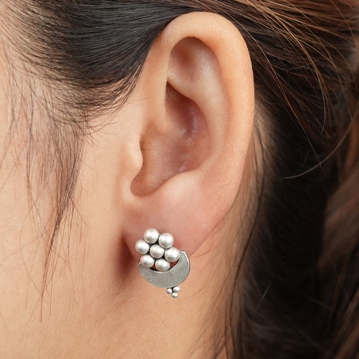 Oxidised Silver Kudi Chandra Stud Earrings