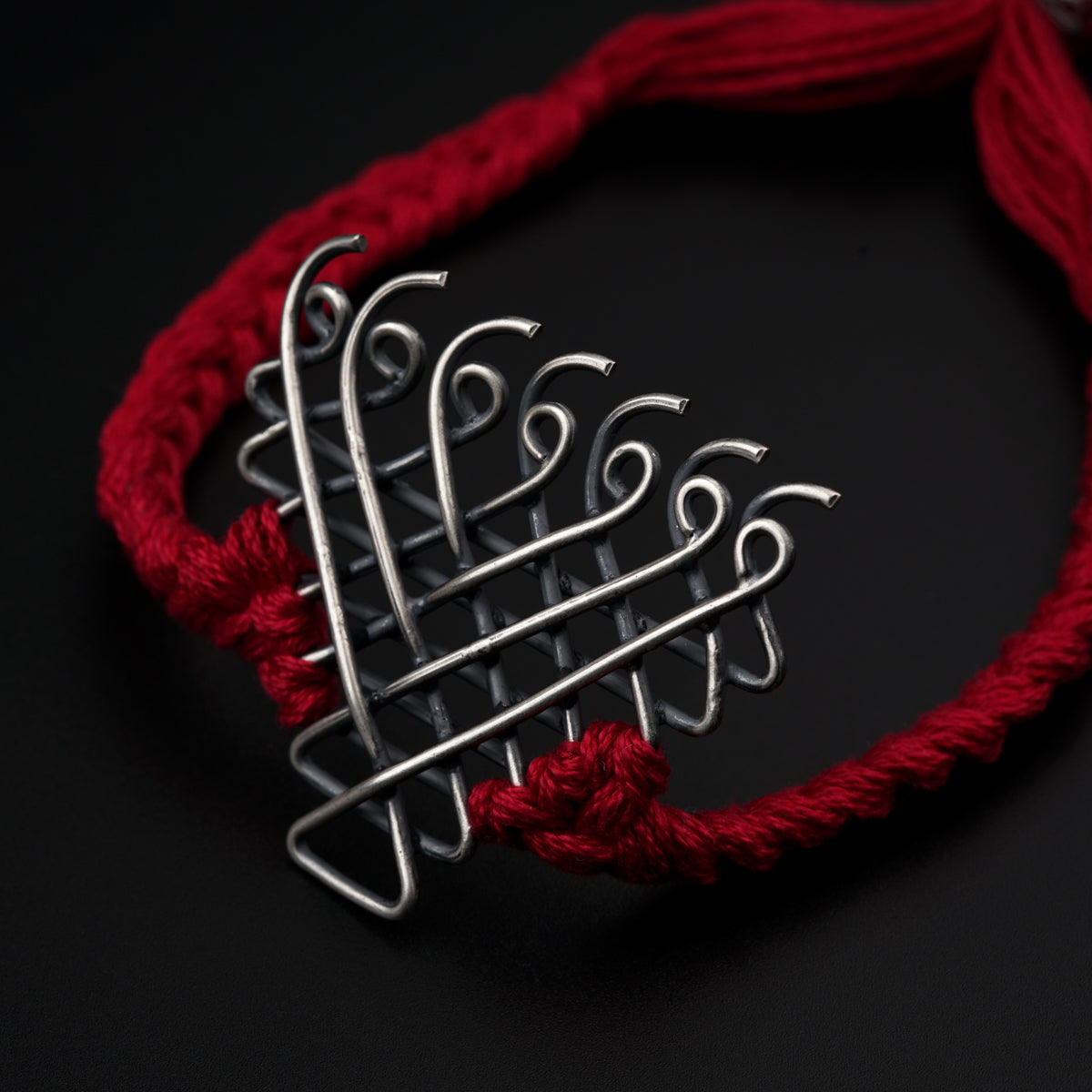 Silver Saraswati Bracelet for Men / Women with Red Thread ( Motif size : Big )