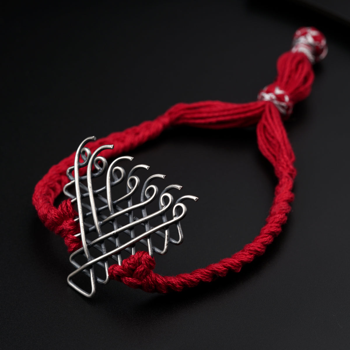 Silver Saraswati Bracelet for Men / Women with Red Thread ( Motif size : Big )