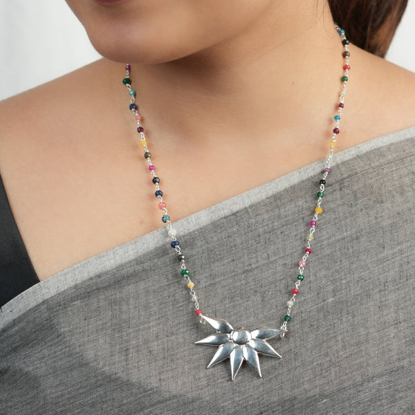 Silver Petal Pendant Necklace with Multicolour Stone Ganthan