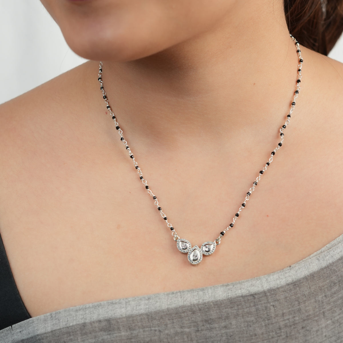 Silver CZ Petal Necklace with Black Spinel