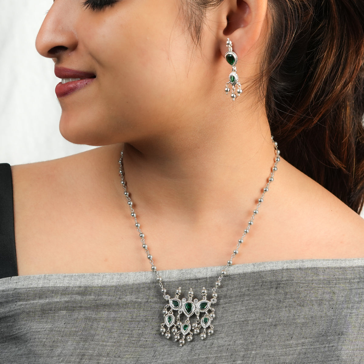 Silver Green CZ Tanmani Set with Sarmanee