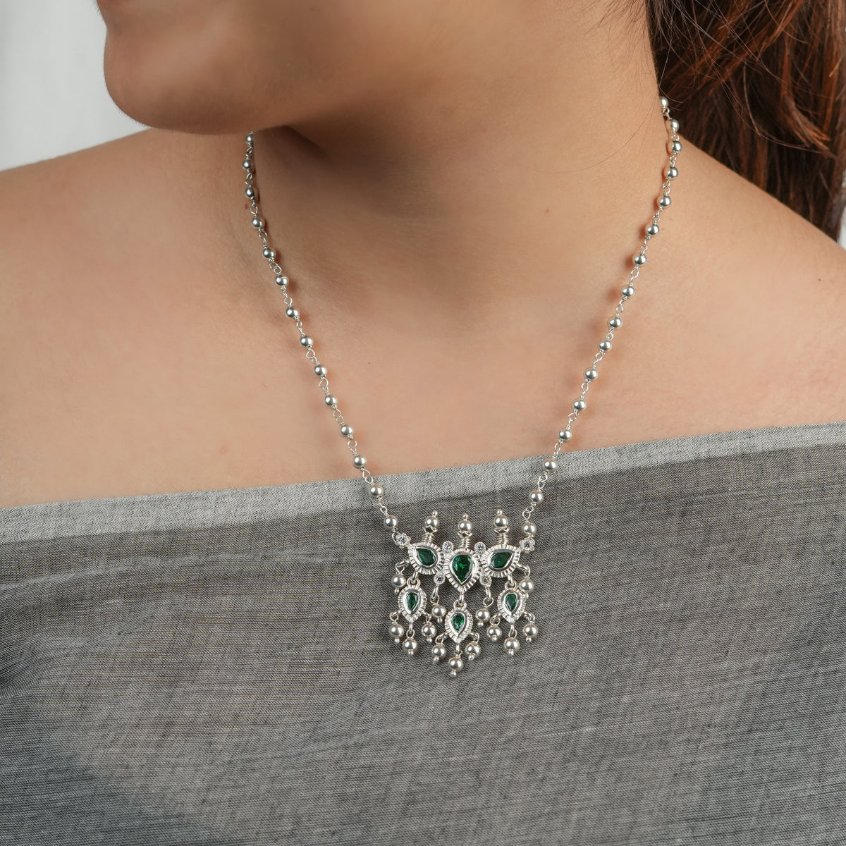 Silver Green CZ Tanmani Set with Sarmanee