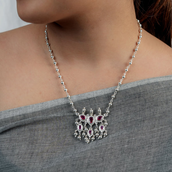 Silver Pink CZ Tanmani Set with Sarmanee