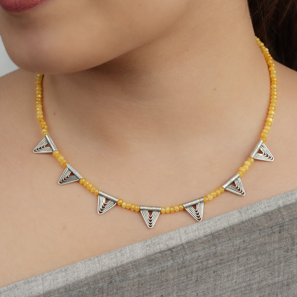 Silver Triangle Charm Necklace with Yellow Jade
