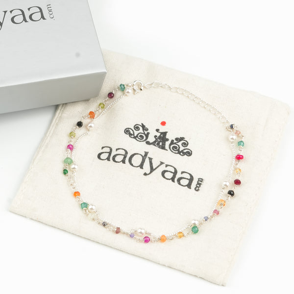 Multicolor Stone Ganthan & Pearl Chain Anklet (Project Handmade)