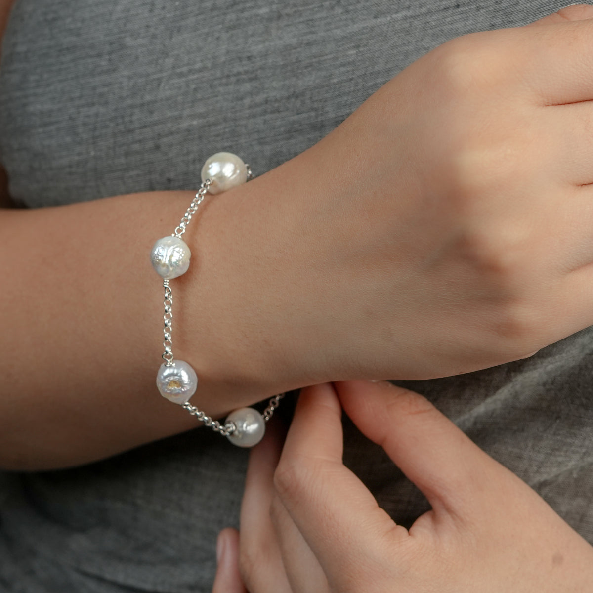 Silver Baroque Pearl Chain Bracelet