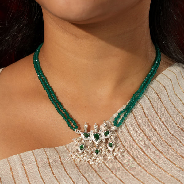 Silver Green CZ Tanmani Set with Green Onyx