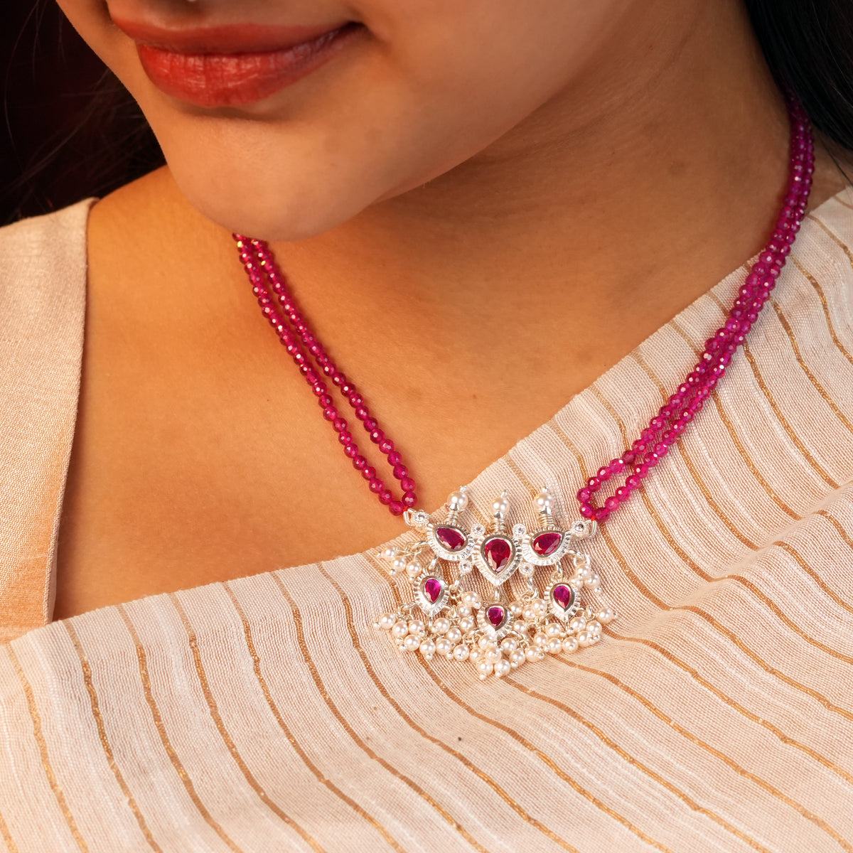 Silver Pink CZ Tanmani Set with Rubies